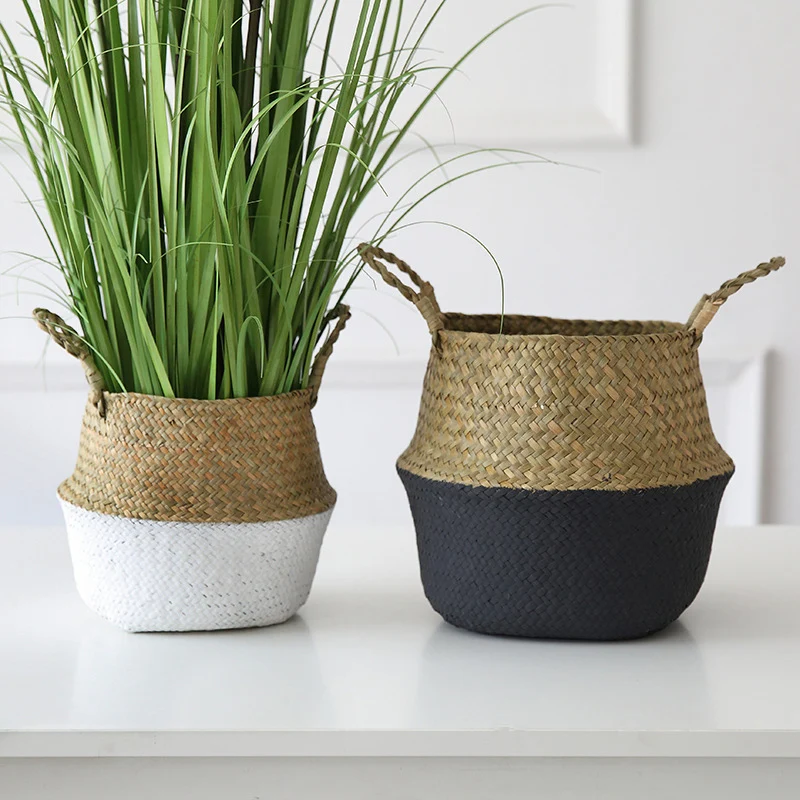 

Plant Planter Hand-Woven Seaweed Willow Rattan Storage Basket Pot Hanging Flowerpot with 2 Hanging Ears Garden Courtyard Decor