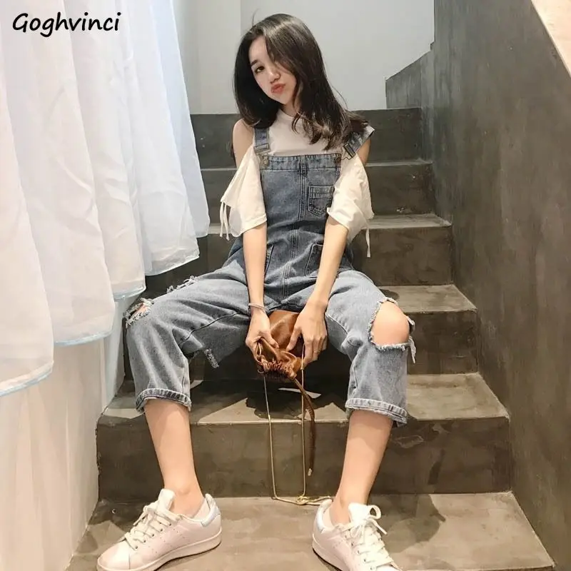 

Women Jumpsuits Denim Hollow Out Ankle-length Casual Solid Straight All-match Fashion Korean Style Trendy Student Streetwear INS