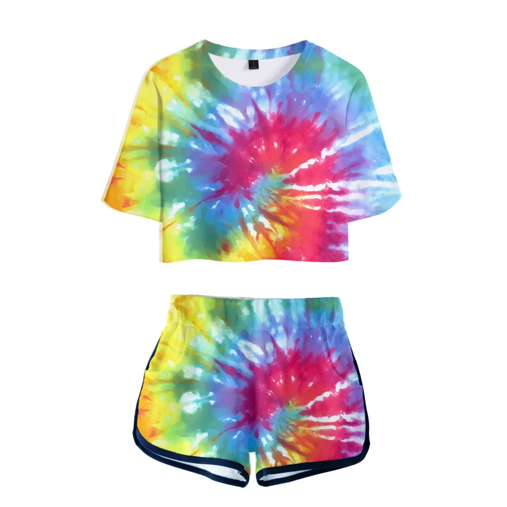

2020 Hot Sale 3D Tie dye Short cosplay Summer 3D Two Pieces sets Women Hip hop Casual T-shirt+shorts Clothes