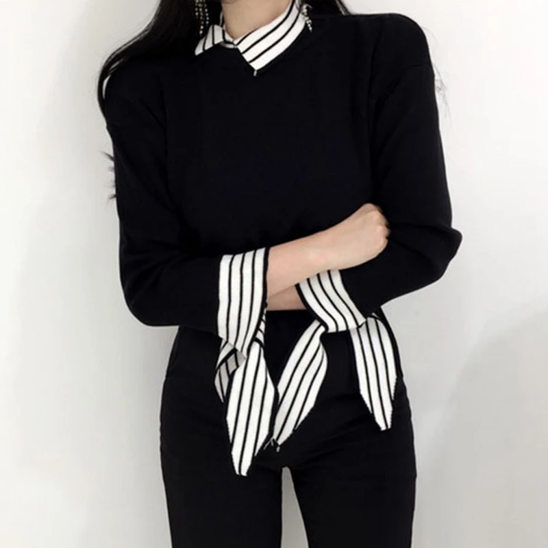 RealShe лоскутный свитер женский с отложным воротником бантом Женский пуловер 2020