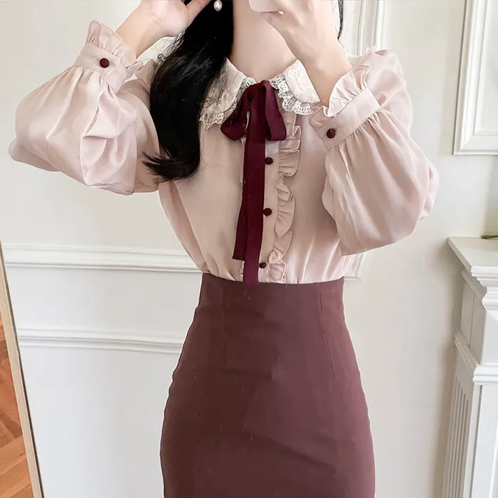 

Chiffon Women's Blouse Polo Girl's Shirt Spring Autumn Clothing Casual Long Sleeve Top Fashion Solid Lady Blusas Houthion