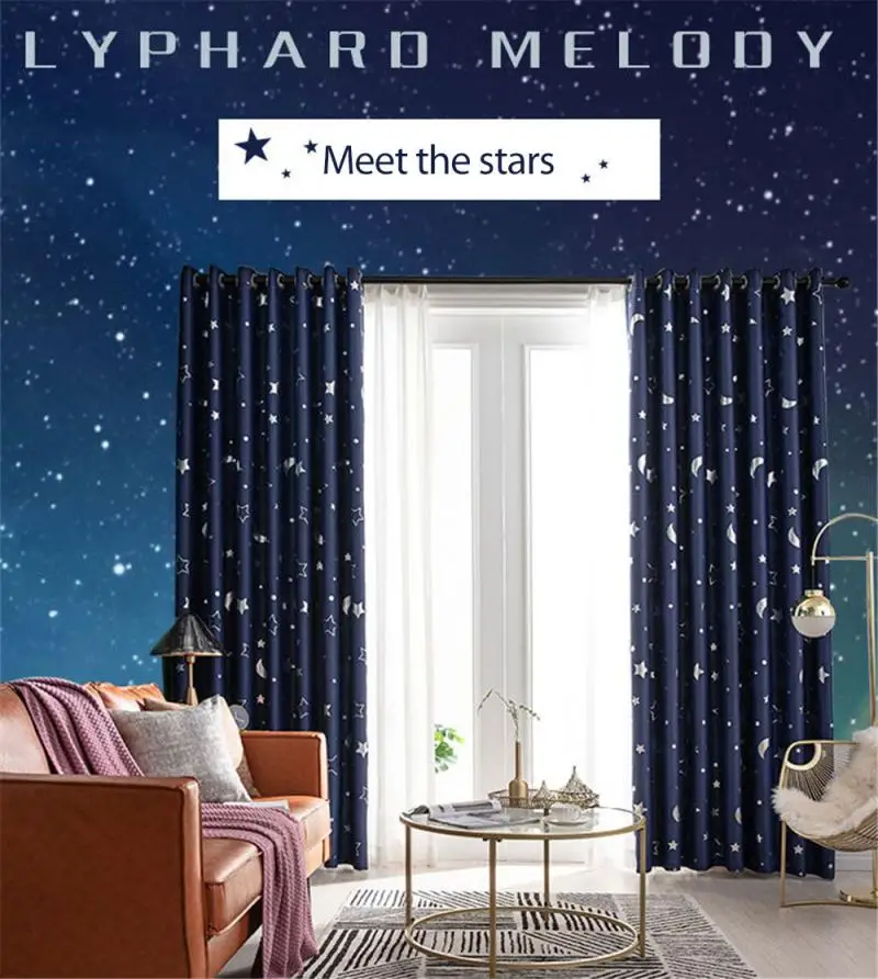 

1 Pairs Star Moon Full Blackout Curtain Bedroom Livingroom Polyester Fiber Curtain Reactive Printing Dyeing Home Decor Curtain