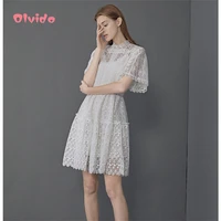 french white lace dress 2021 summer stand collar hollow niche super fairy gentle lady dress prom noble temperament dress lolita