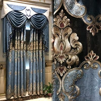 retro curtain for living room luxury geometry embroidery tulle villa grey blue water soluble fabric hotel decor window drapes