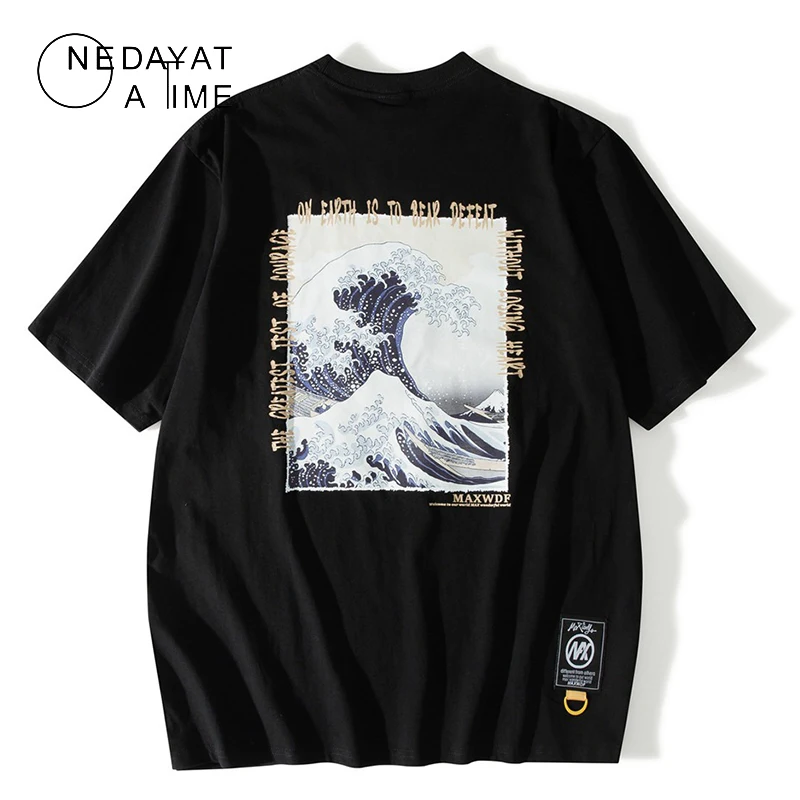 

NEDAYATATIM T-Shirts Streetwear Hip Hop Men Japanese Ukiyoe Kanagawa Surfing Print Short Sleeve Tees Harajuku Cotton Casual Tops