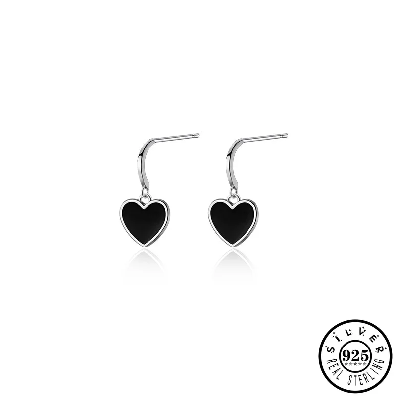 

925 Sterling Silver Black Heart Shaped Pendant Gold Color Plated Dangle Drop Earrings Jewelry for Women
