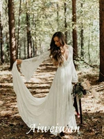 a line lace long sleeves floor length v neck court beach wedding dress 2021