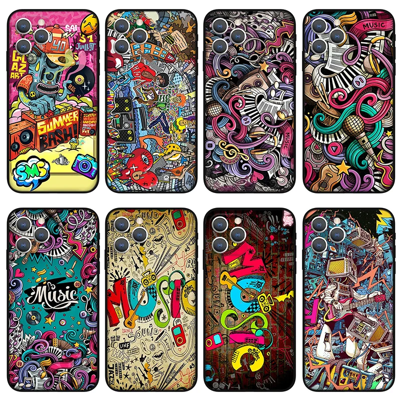 

Music doodle Phone Case For iPhone 11 12 Pro Max X XS XR Xs Max Mini 6 6s 7 8 Plus se black Silicone Case