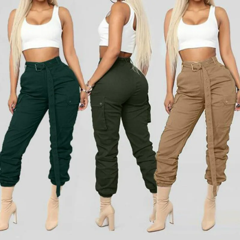 

2019 Brand New Classic Fashion Women Pants High Waist Belted Cargo Pants Streetwear Casual Camo Pants Sweatpants Pantalones