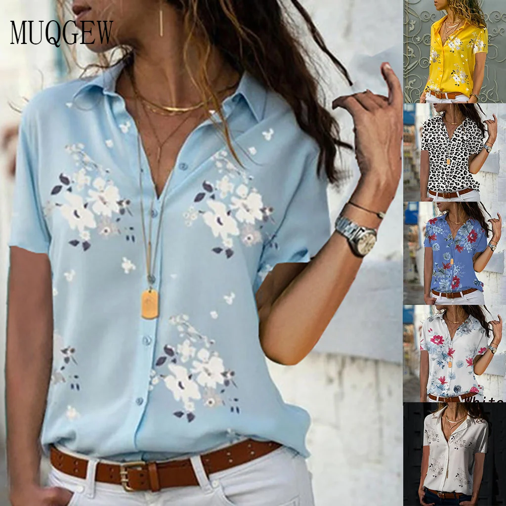 Женская рубашка с цветочным принтом топы коротким рукавом и воротником женская