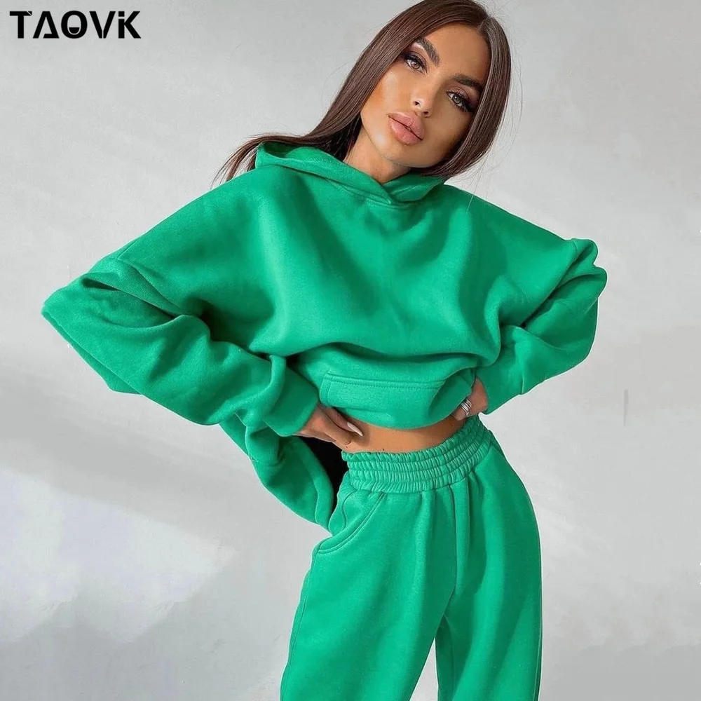 

Женский спортивный костюм из двух предметов TAOVK, однотонные Пуловеры и брюки с широкими штанинами, Теплые повседневные Костюмы