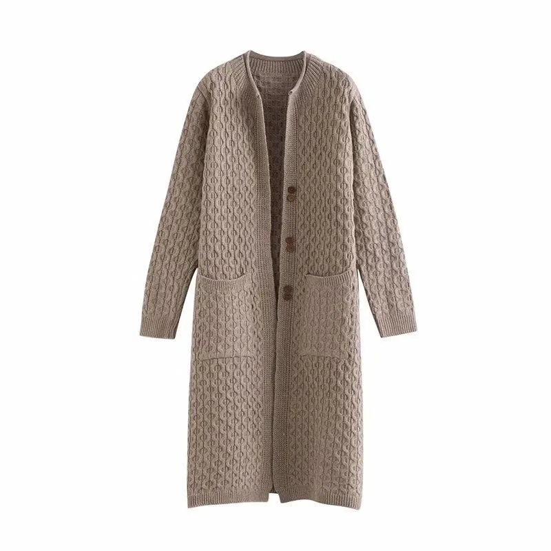 

Korean women's wholesale autumn and winter new lazy wind long double pocket twist cardigan sweater
