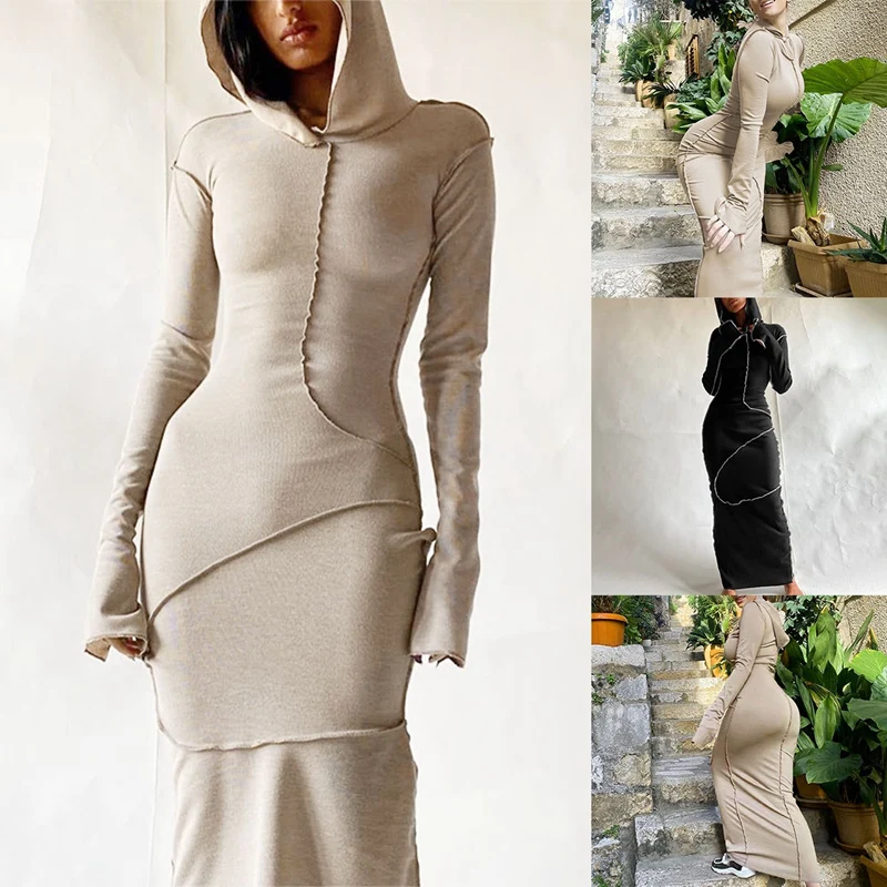 

Ladies Long Sleeve Casual Long Dress Hooded Long Sleeve Bag Butt Wearing Line Casual Dress