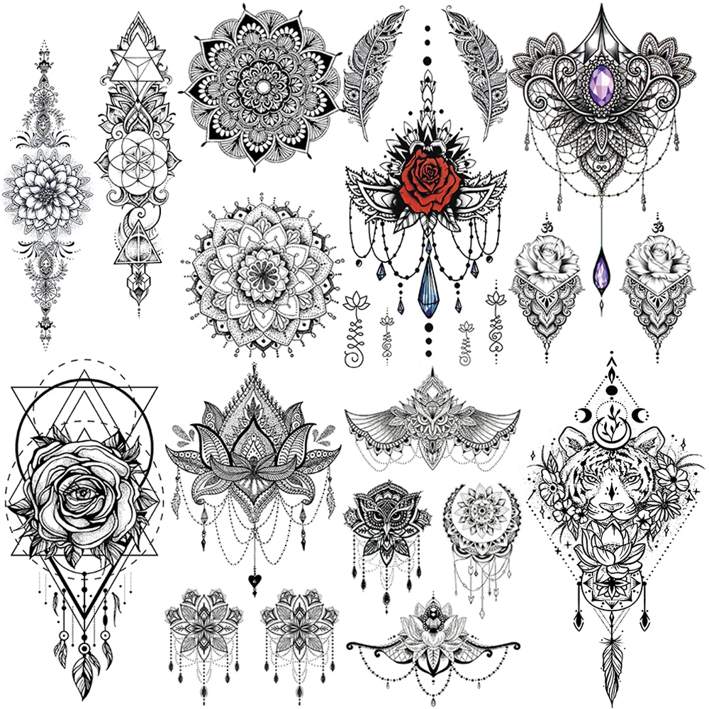 Цветы мандалы временная татуировка для женщин черная хна менди тату наклейка