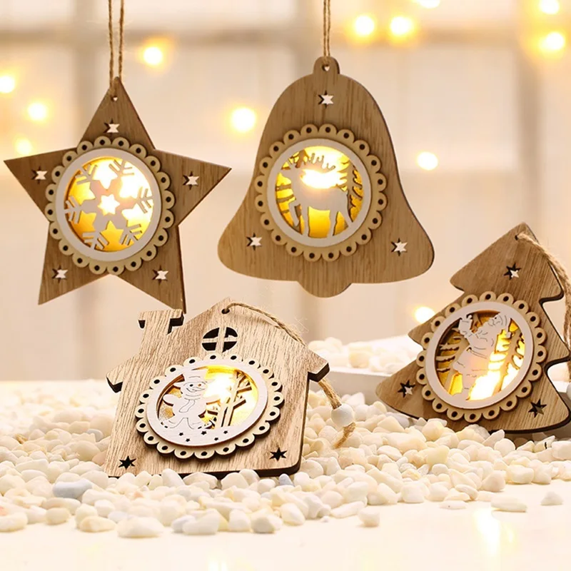 

Christmas Snowman Santa Claus elk Snowflake Ornaments Wood Luminous Pendant DIY Hanging On Christmas Tree Xmas Tree New Year