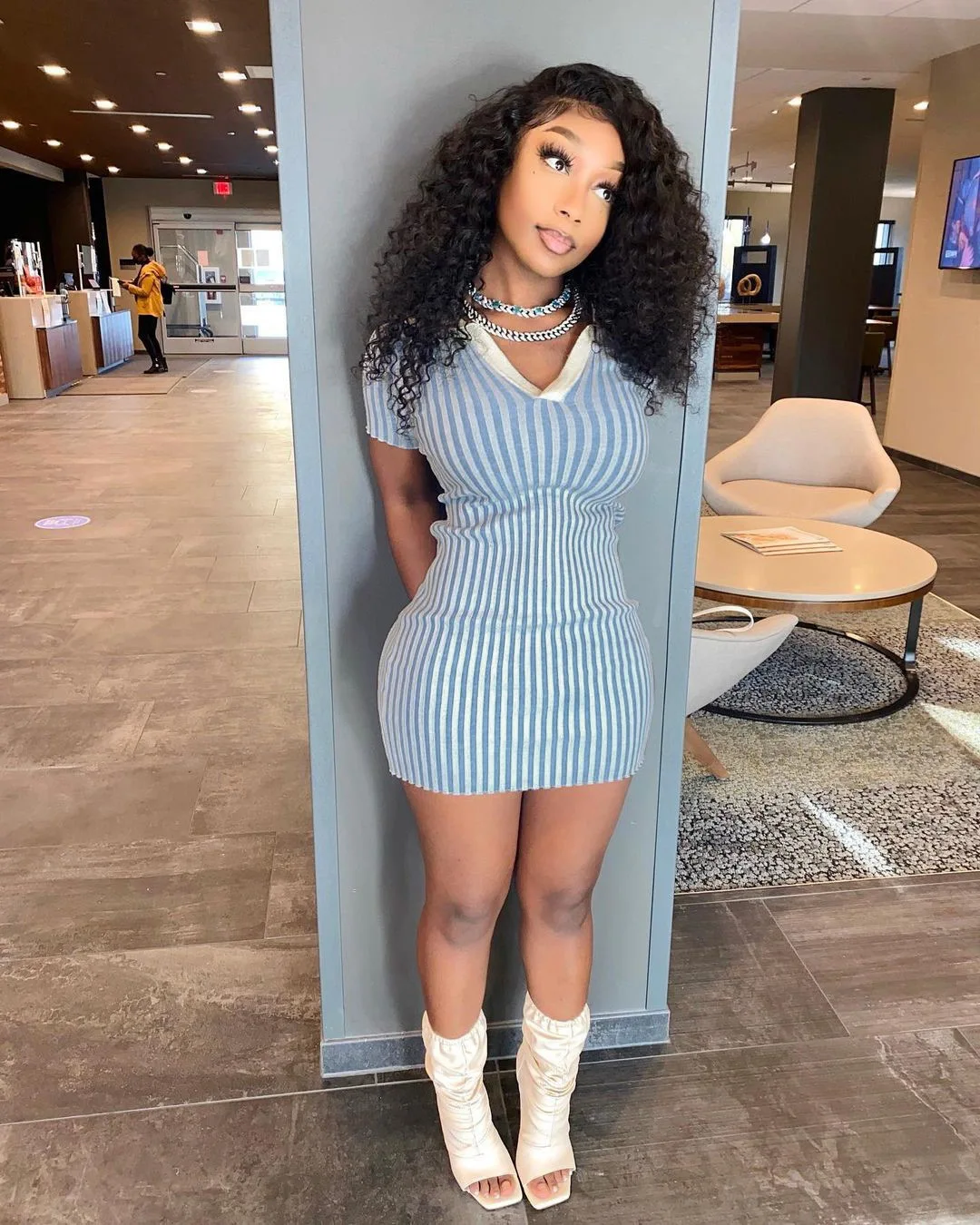 

2021Summer New Fashion Deep V Lapel Stripe Print Tight-Fitting Hip Slim Dress
