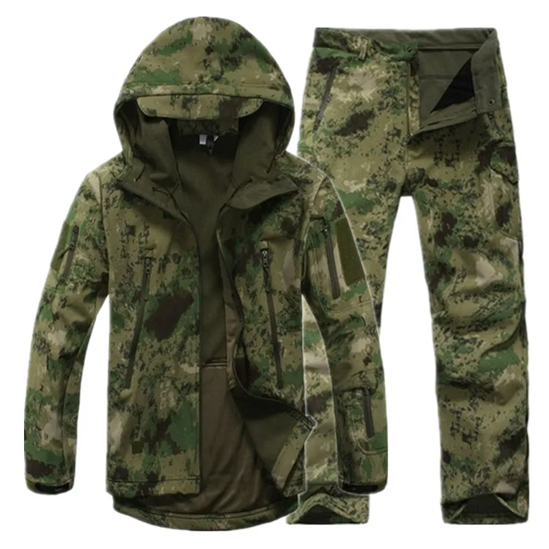 Outdoor softsell military camouflage suit men's tactical waterproof jacket For Hunting Hiking fishing fleece jacket pants