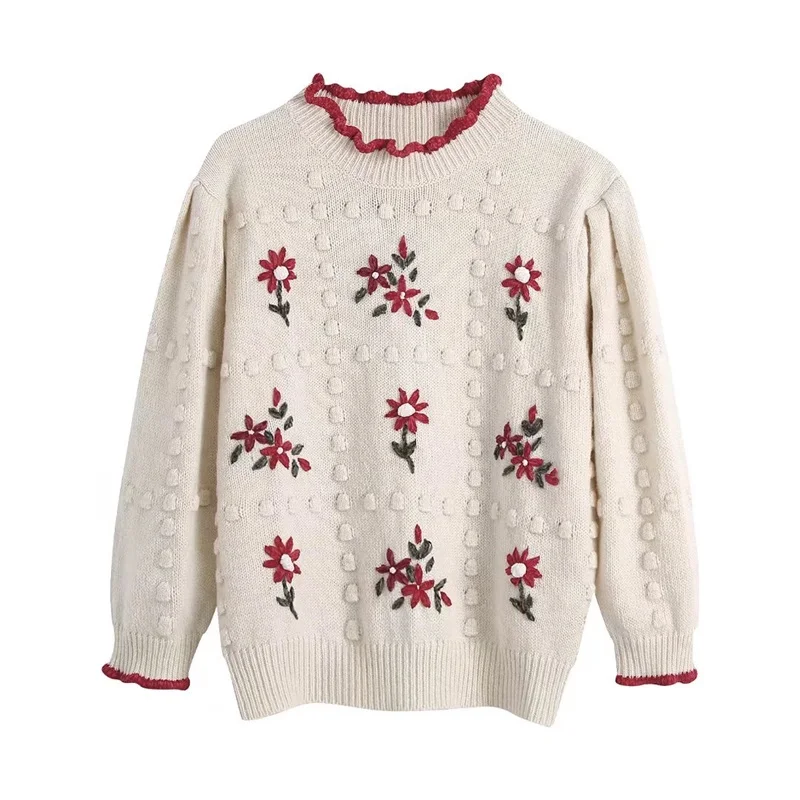 

ZXQJ Women 2021 Fashion Floral Embroidered Knit Sweater Vintage O Neck Long Sleeve Female Pullovers Chic Tops
