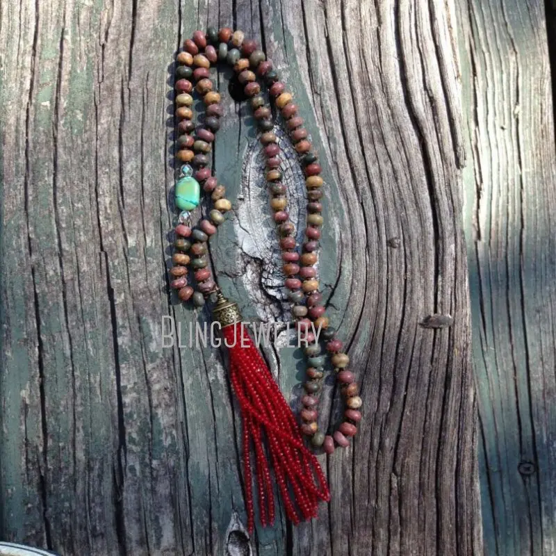 

NM20661 Boho chic Knot Sediment Stone Rondelle beads Necklace with Red Beads Tassel