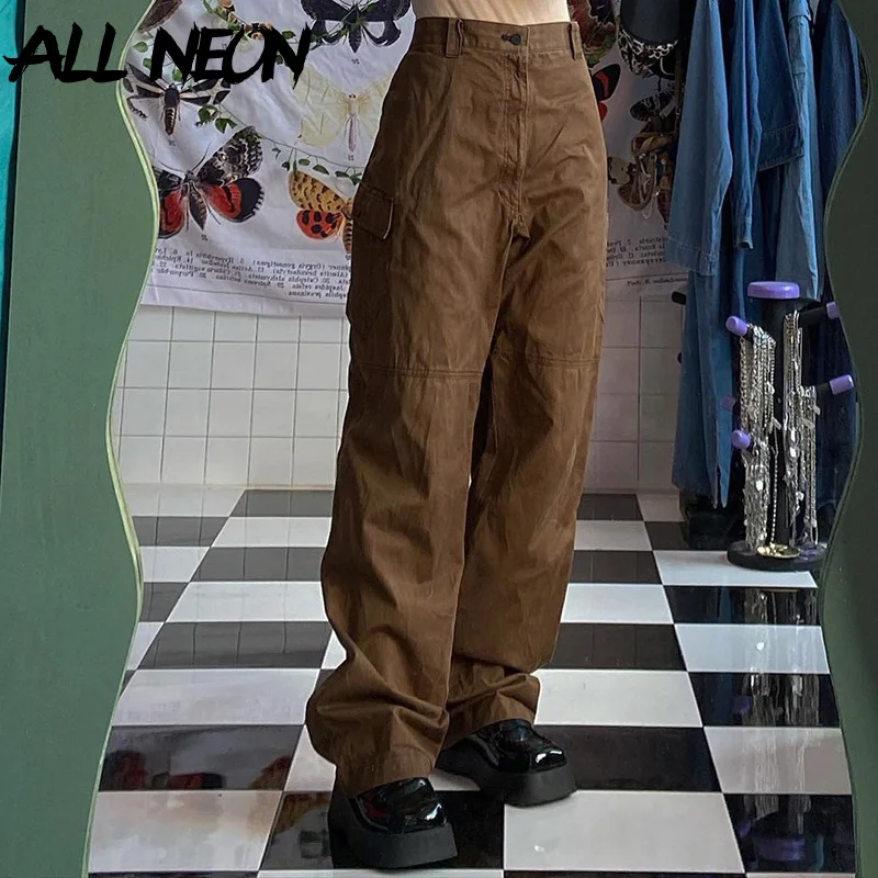 

ALLNeon Indie Aesthetics Retro Big Pockets Trim High Waist Brown Pants Y2K Vintage Streetwear Wide Leg Baggy Trousers 90s Outfit