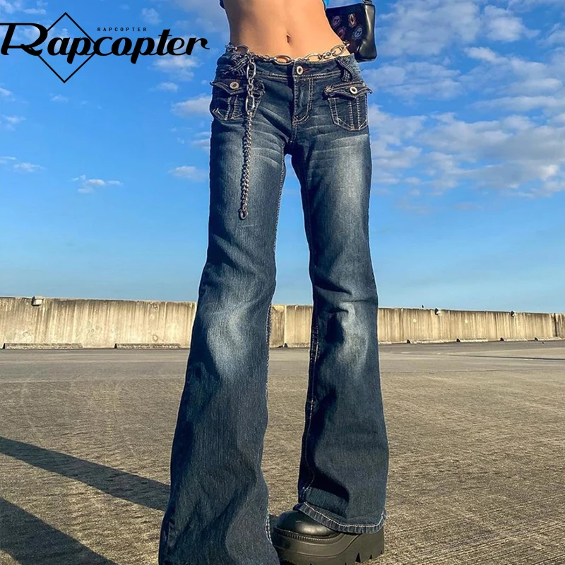 

Rapcopter Low Waisted Jeans Pockets Grunge Retro Trousers Zipper Flare Fashion Hot Mom Jeans Women Korean Casual Cargo Pants 90s