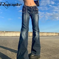 rapcopter low waisted jeans pockets grunge retro trousers zipper flare fashion hot mom jeans women korean casual cargo pants 90s