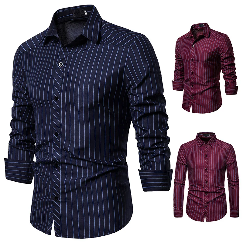 

Men's Shirts British Gentlemen's Fine Stripe Leisure Design Fashion Cross-Border Men's Flipped Collar Long Sleeve Shirts