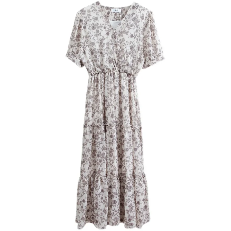 

French elegant summer dress for women v-neck pure color floral chiffon short sleeve dress 02148#