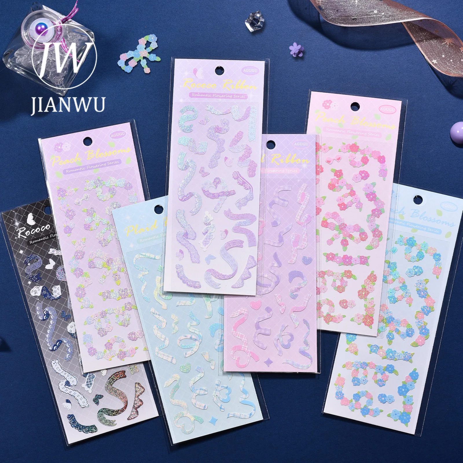 

JIANWU 2 Pcs Romantic Ribbon Stickers Kawaii Stationery Sparkling Laser Journal Scrapbooking Decoration Phone Stickers Supplies
