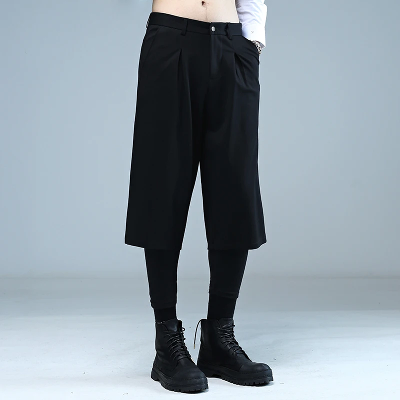 

2021 new men's loose fake two-piece nine-point pants men's retro waist belt wide-leg pants casual pants