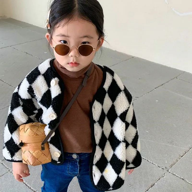 

Girls' Jackets 2022 Autumn And Winter Japanese And Korean Style Clothes Plus Velvet Plaid Wool Warm Coat Lamb Wool Casual Jacket