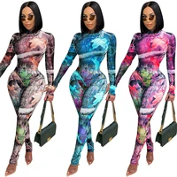 sexy mesh sheer 2 piece set women festival clothing bodysuits top leggings print matching sets two piece club birthday outfits
