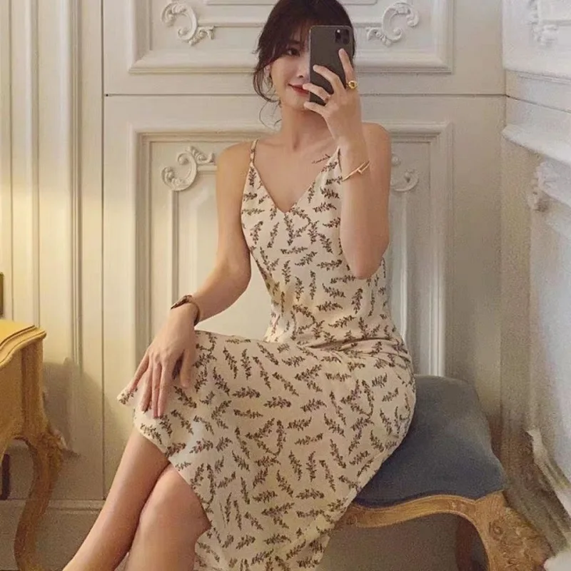 

Summer Long Dress Retro High Waist Women V-Neck Floral Print Sexy White Pullover Elegant Sleeveless Dresses Korean Beach Vestido