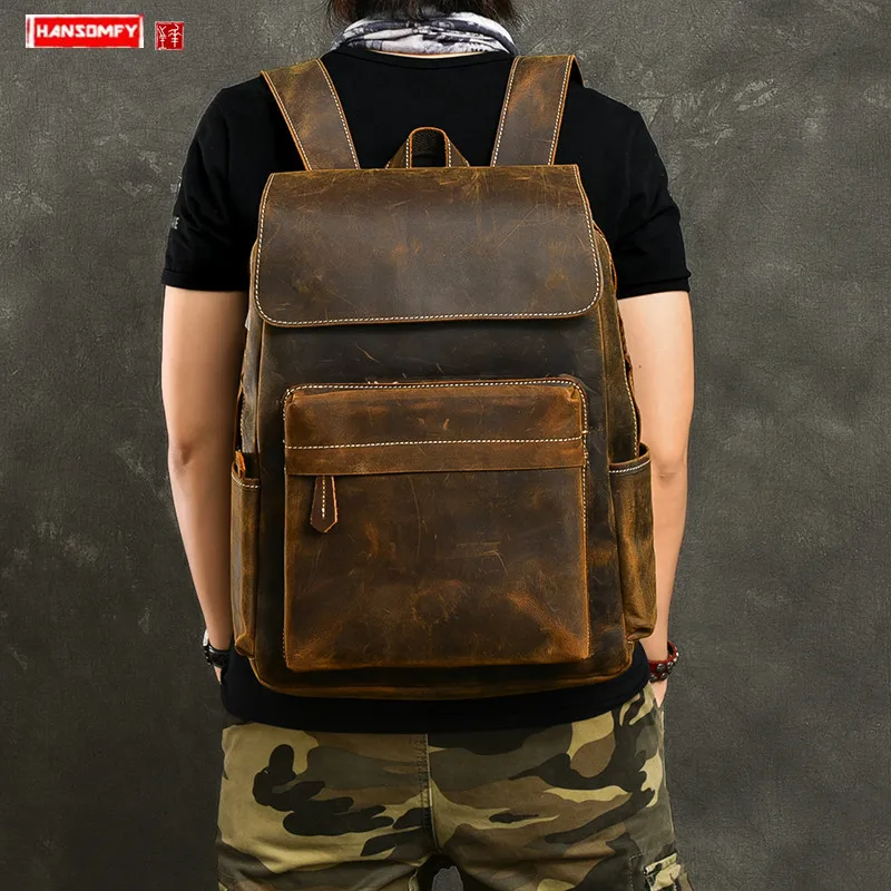 Мужской рюкзак Большая вместительная сумка для ноутбука коричневые кожаные