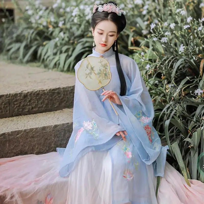 

Новая летняя одежда Hanfu для женщин, винтажный Мандариновый воротник, костюмы для косплея, синий цветок, одежда для сцены