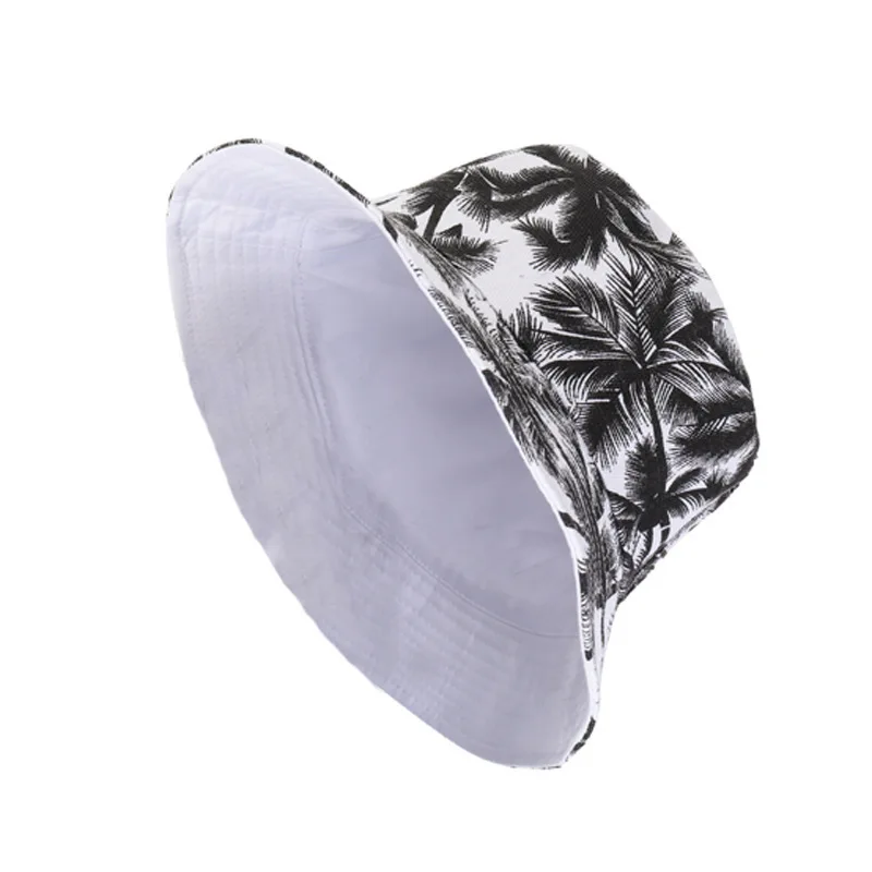 Summer Printed Double-Sided Coconut Palms Fisherman Hat For Men Female Black Outdoor Leisure Panama Bucket Sunhat | Аксессуары для