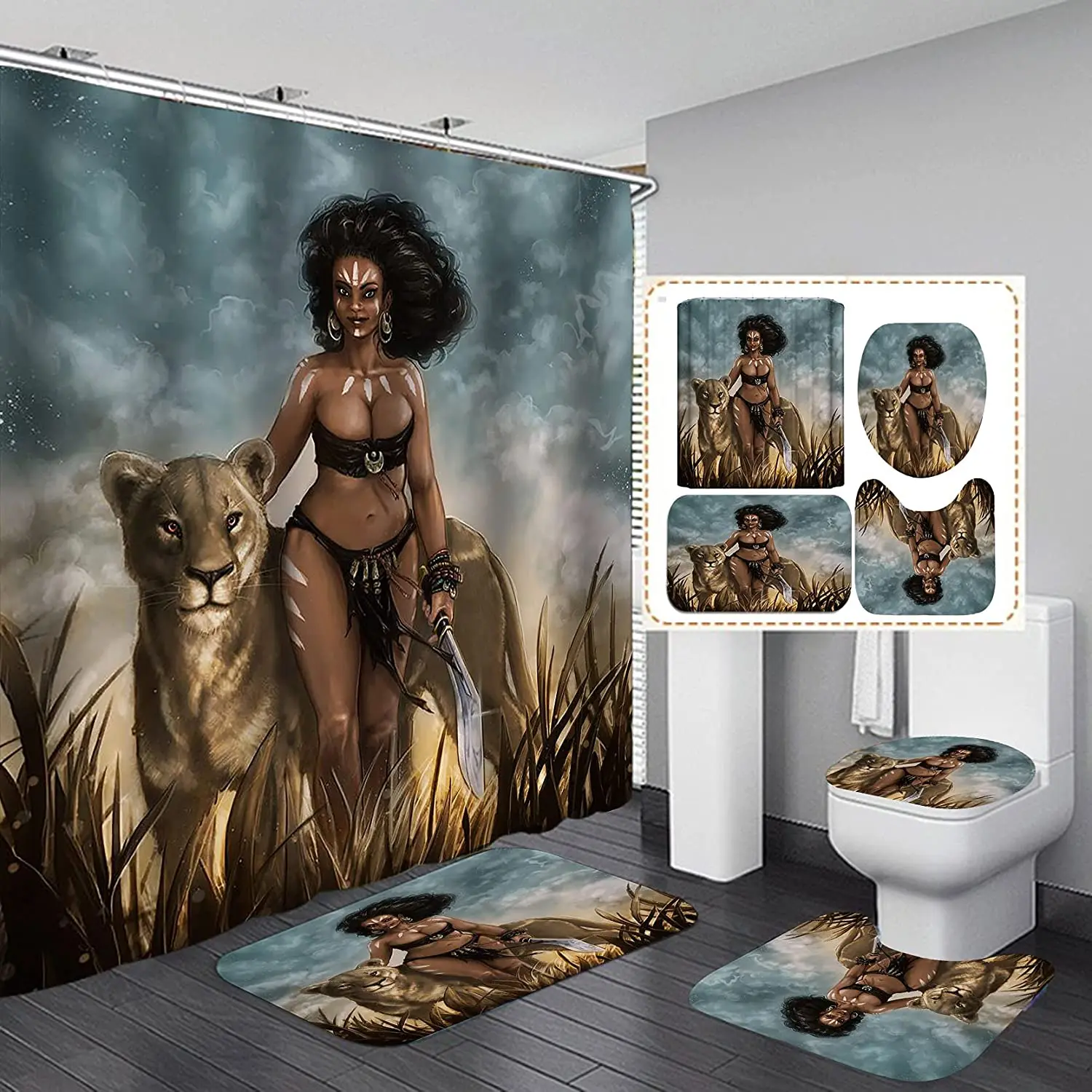 

Sexy Girl and Lion Print Shower Curtain Set Carpet Cover Toilet Cover Bathroom Mat Cushion Cover Bathroom Curtain Household