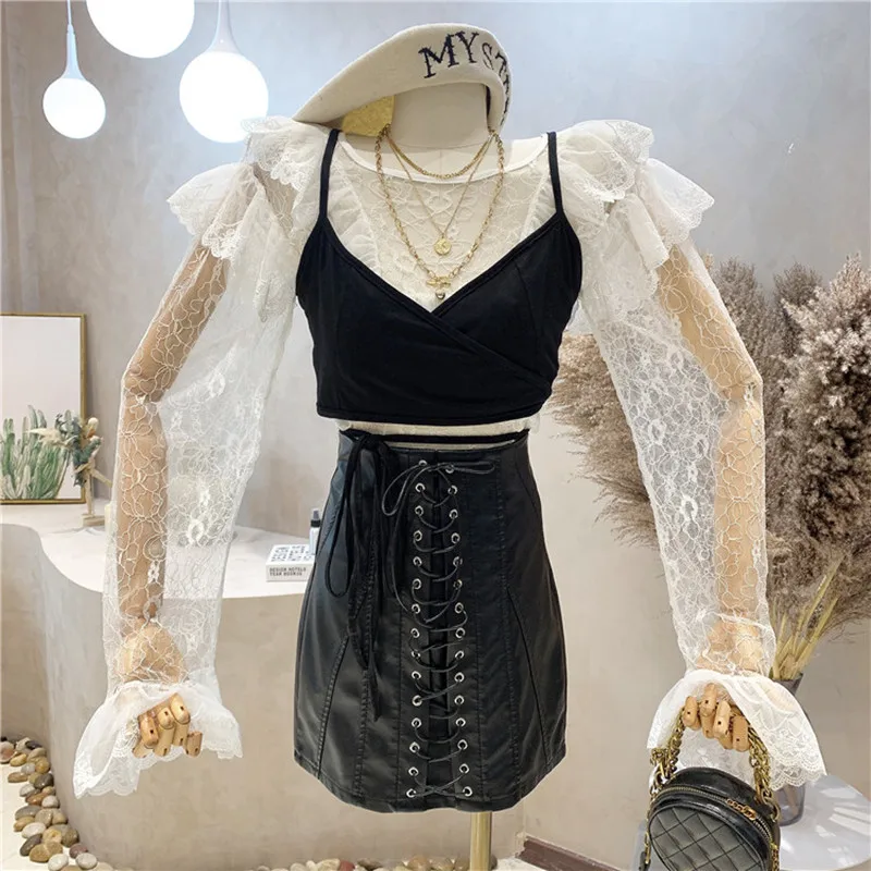 

Новая нишевая дизайнерская женская одежда, осень 2021, прозрачный сетчатый топ с длинным рукавом и жилет на бретелях, комплект из двух предмет...