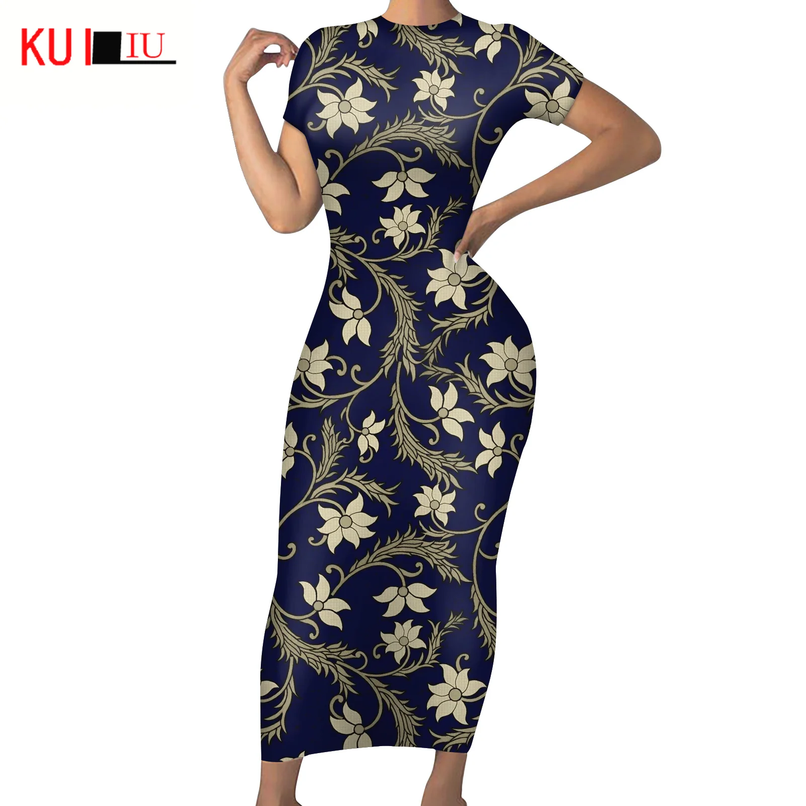 

KUILIU Fashion 2021 Summer Sexy Skinny Women Long Dress Vintage Floral Printing Club Party Short Sleeves Bodycon Dresses