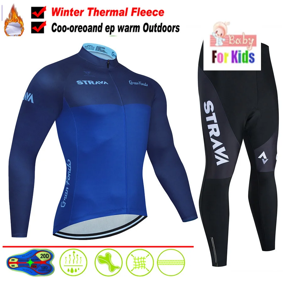 

strava kids Winter Fleece Pro Cycling Jersey Set Mountian Bicycle Clothes Wear Ropa Ciclismo Racing Bike Clothing Cycling Set