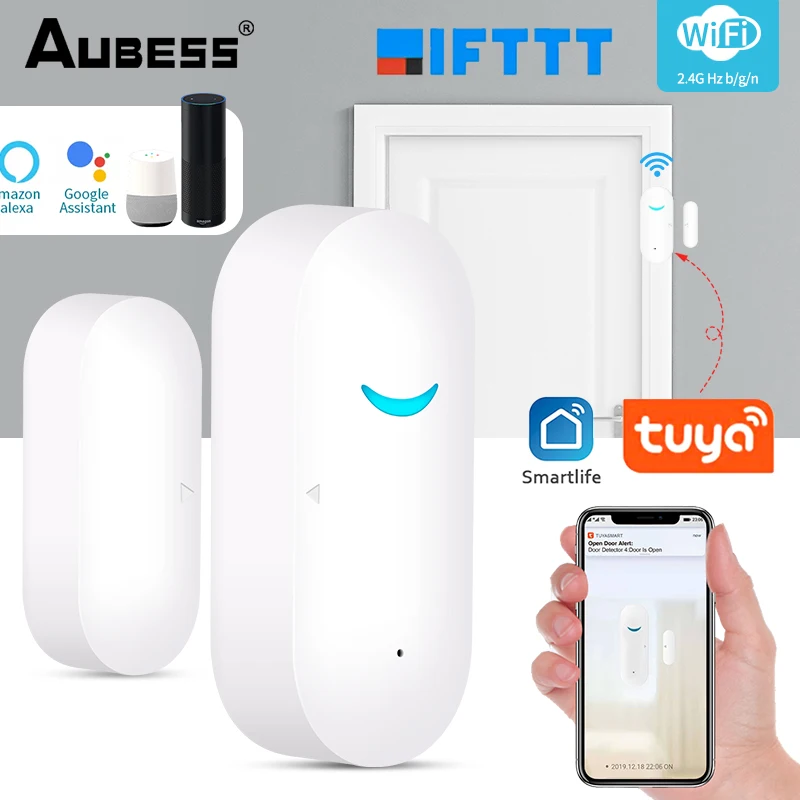 

Умный дверной датчик Aubess Tuya, Wi-Fi детектор открытия/закрытия двери, уведомление через приложение, домашняя сигнализация, совместима с Alexa Google ...