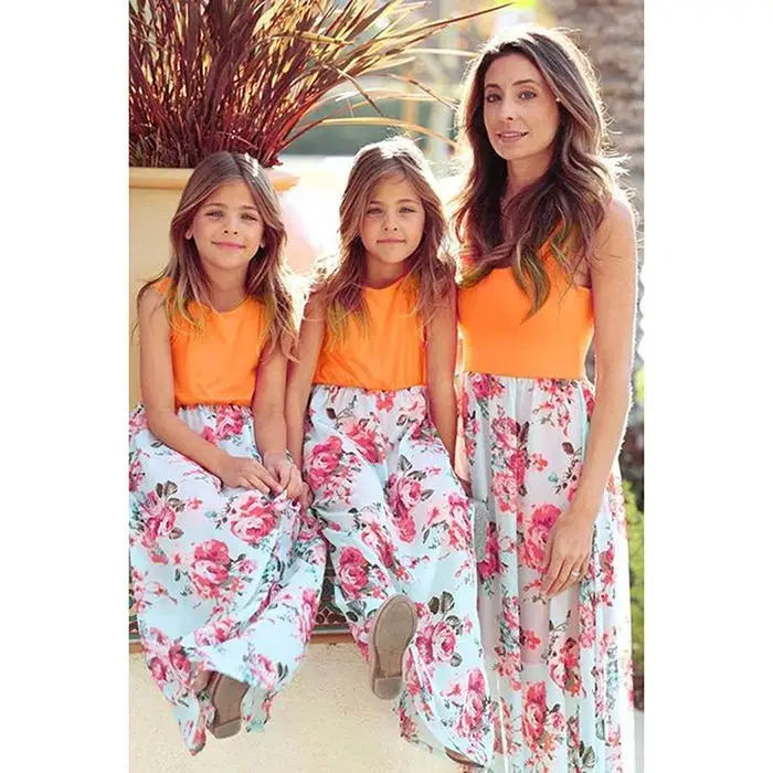 Parent-child Mother Girls Casual O-Neck Sleeveless S/M/L/XL/XXL A-line Pleated Prints Dress 80/90/100/110/120 | Мать и ребенок