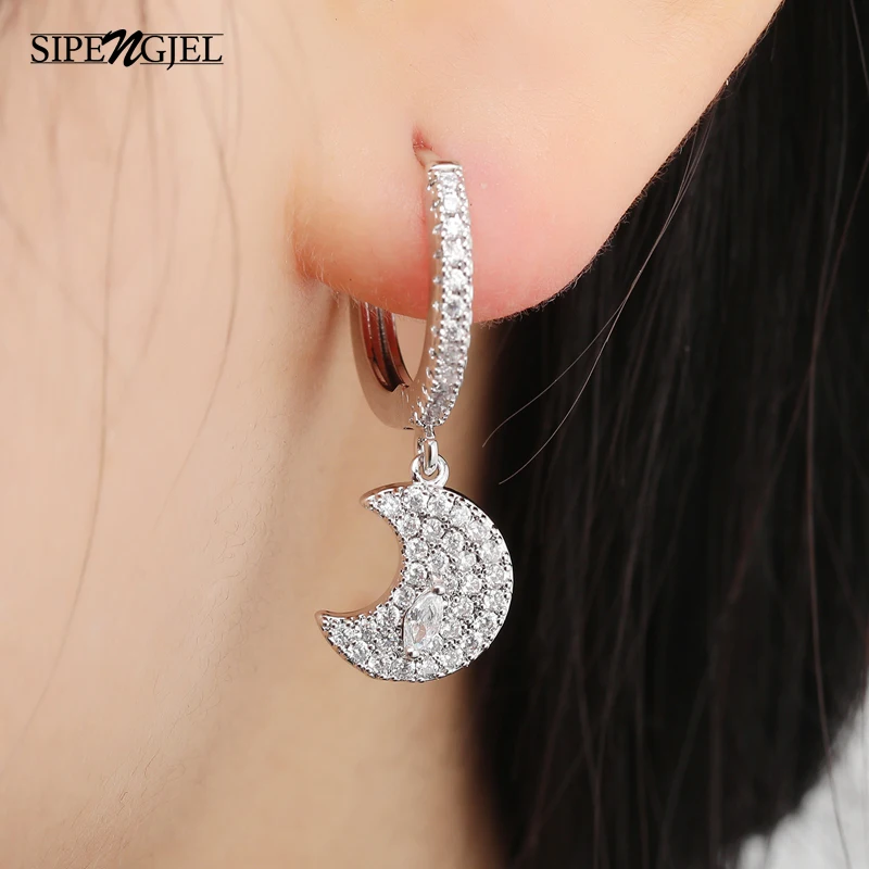 Модные серьги с подвеской в виде Луны фианитом маленькие кольца для женщин и