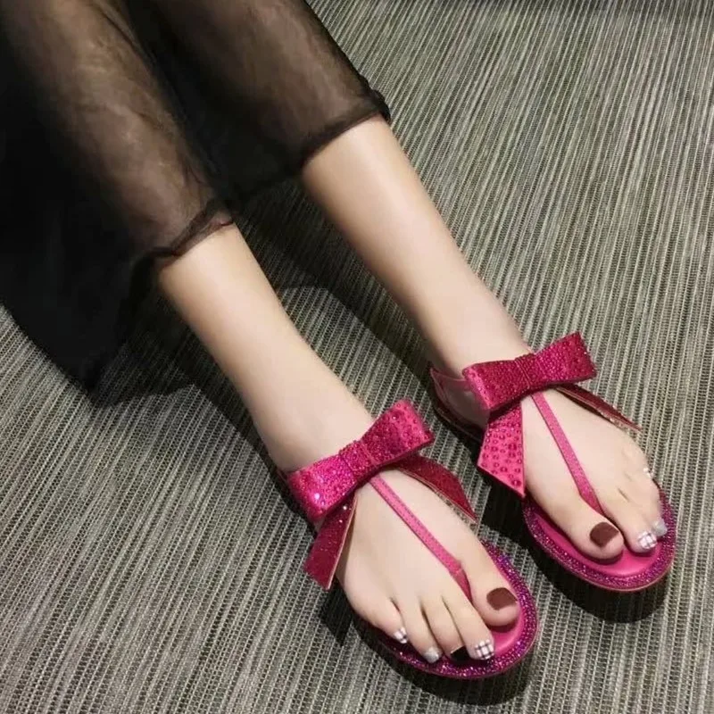 

Ollymurs New Crystal Sandals Women Butterfly Knot Flip Flops Rhinestone Decor Narrow Tie Luxury Brand Designer Sandals Women