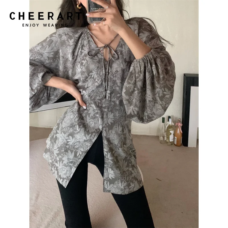 

CHEERART Vintage Jacquard Lantern Sleeve Blouse Grey V Neck Tunics Floral Long Sleeve Top Women 2021 Korean Blouse Fall Fashion