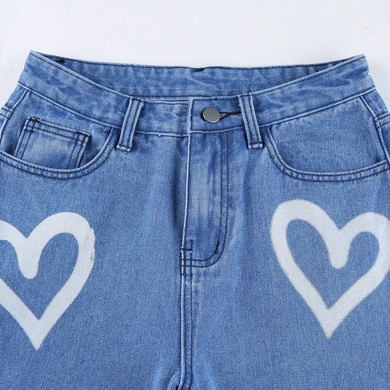 

Women Denim Straight High Waist Cotton Heart Print Casual Pocket Blue Black 2021 Spring Fashion Streetwear Female Pants Trousers