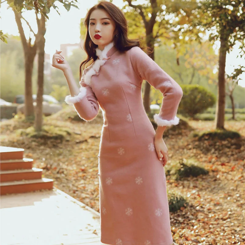 Qipao женское Красное розовое осеннее китайское платье с длинным рукавом ханьфу