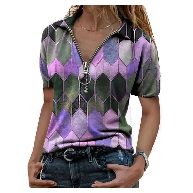 

2021 European and American sales of V-neck women's tops, printed zipper T-shirts, short lapel tops women t shirt women clothes
