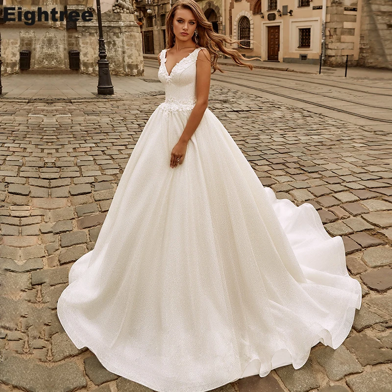 

Eightree V Neck A Line Lace Wedding Dresses Elegant Shiny Bridal Dress Court Train Wedding Gowns Plus Size Vestido De Noiva
