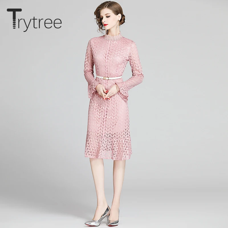 Весеннее женское платье Trytree 2020 Повседневное трапеция с воротником стойкой и